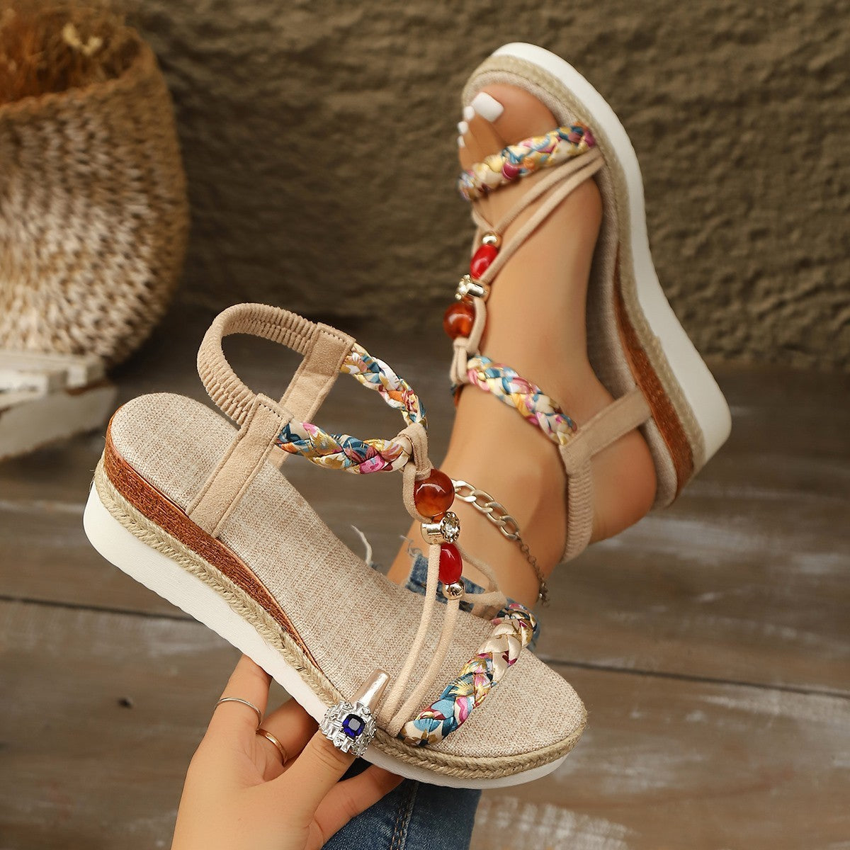 Rhinestone Beaded Wedge Heels