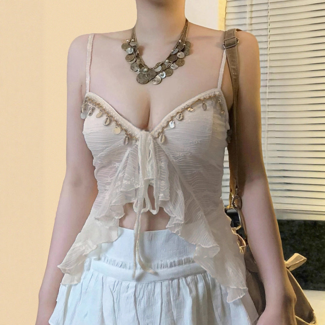 Low Collar Chest-Flattering Lace-up Mesh Sexy Vest