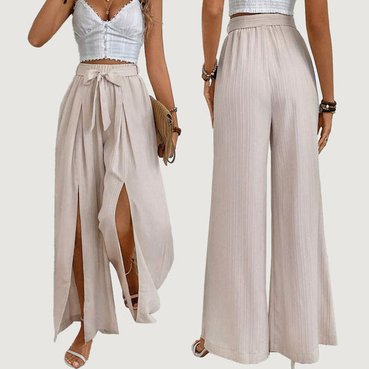 High Waist Loose Lace-up Slit Pants