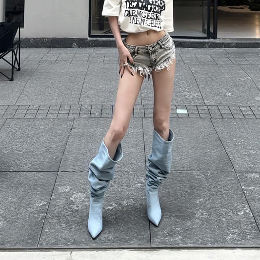 Stiletto Denim High Heel Bow The Knee Boots