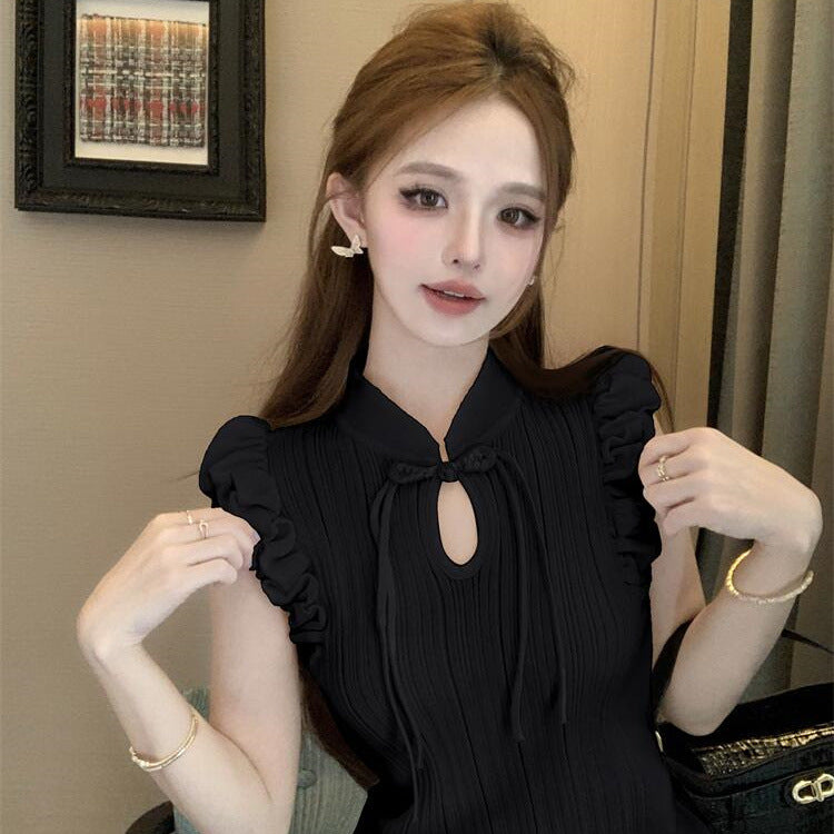 Retro-style Buckle Puffed Sleeves Elegant Top