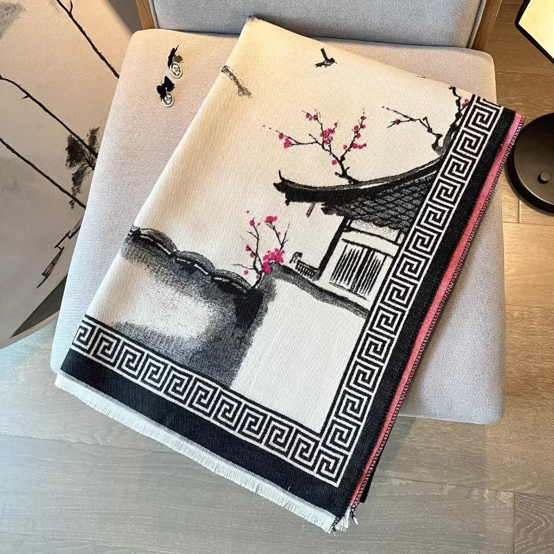 Chinese Aesthetic Ink Painting Shawl Autumn And Winter Warm Scarf