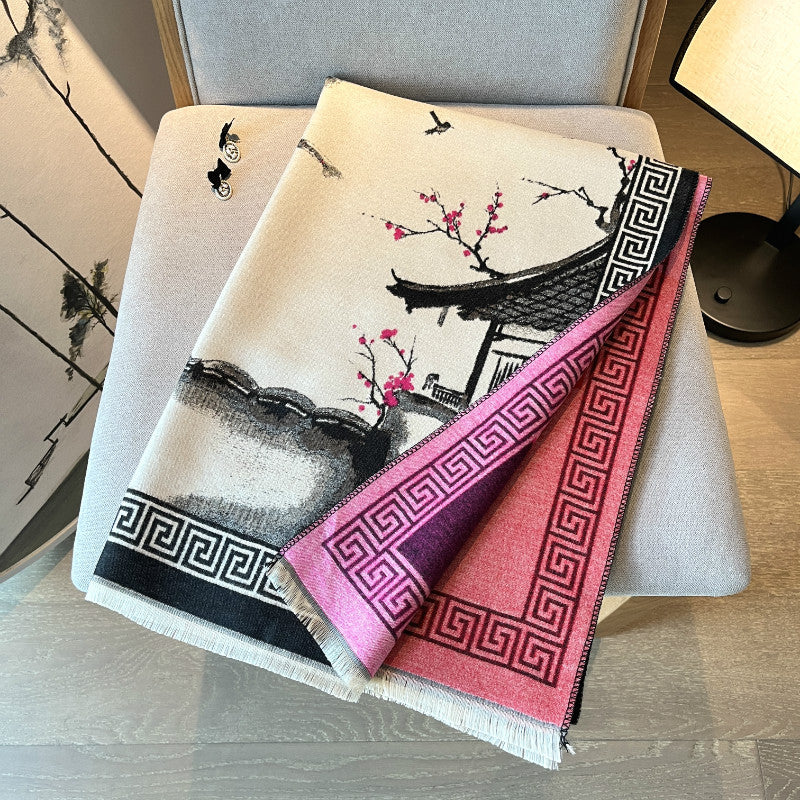 Chinese Aesthetic Ink Painting Shawl Autumn And Winter Warm Scarf