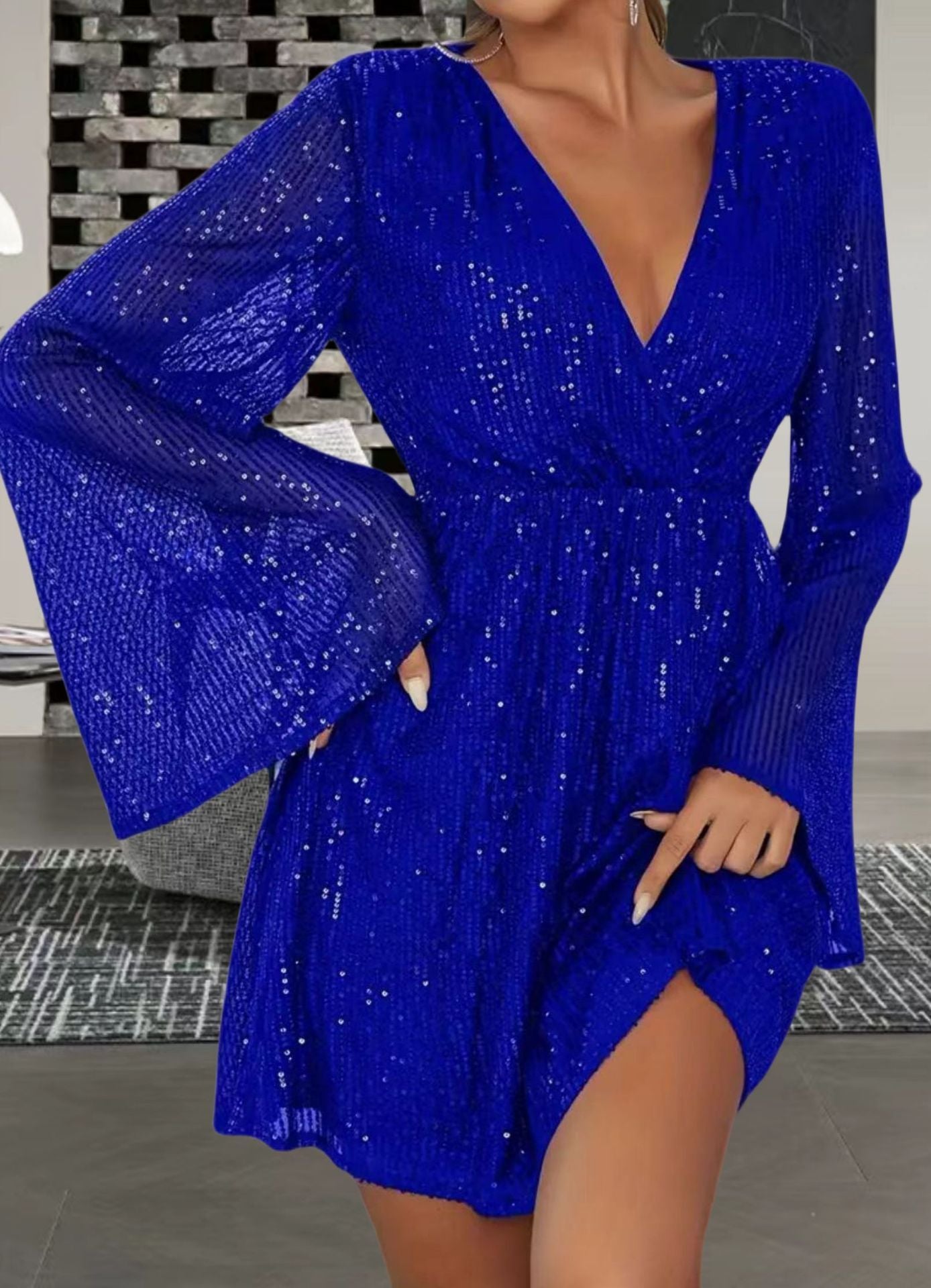 V-neck Sequin Waist Slimming Party Evening Dress