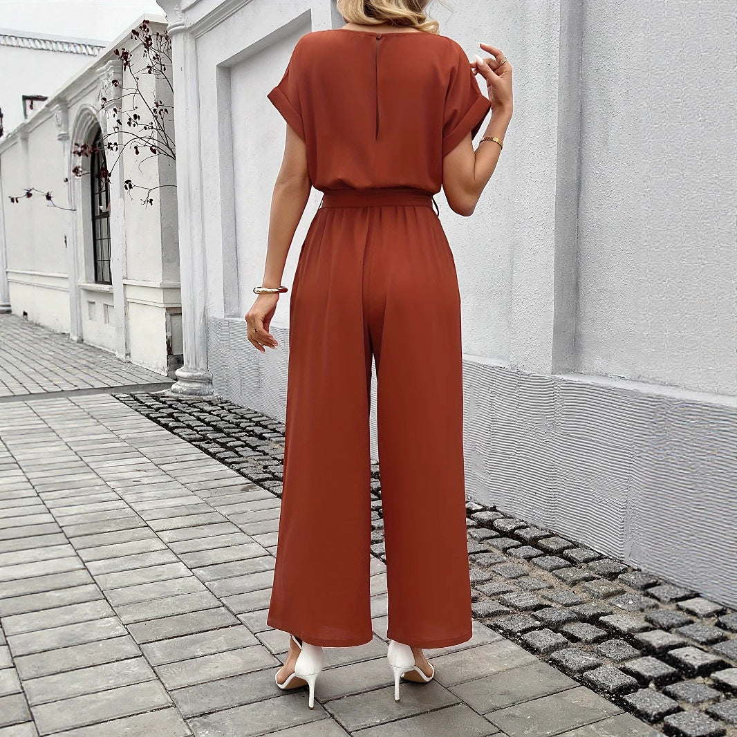 women's Fashion Solid Color With Belt Round Neck Jumpsuit
