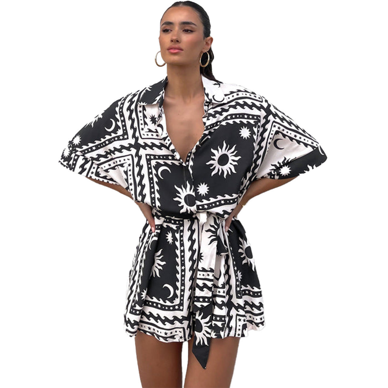 Waist-controlled Lace-up Geometric Printed Sexy Jumpsuit