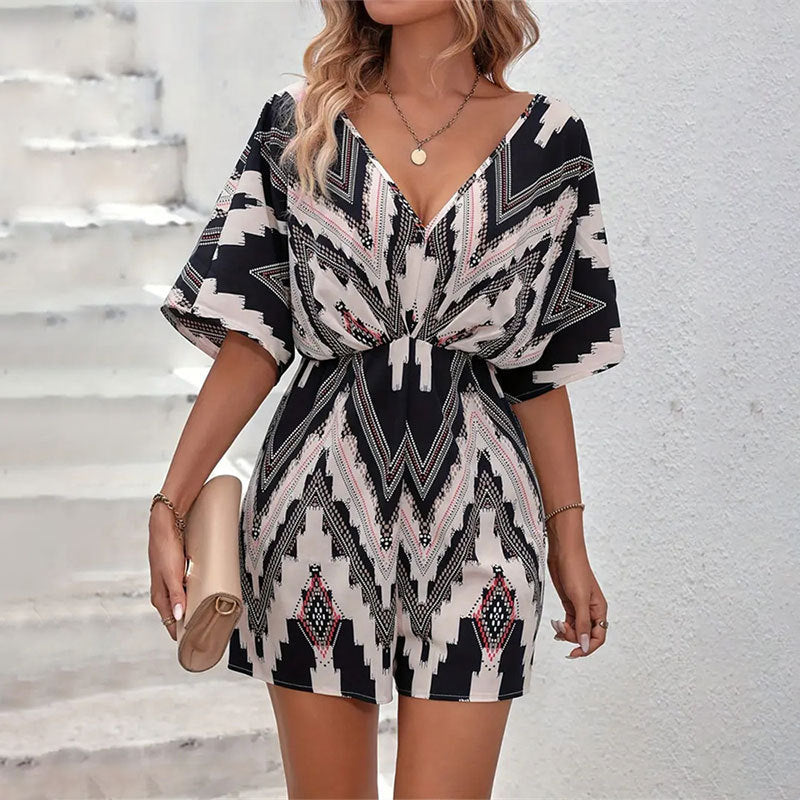 Printed V-neck One-piece Sleeve Loose Jumpsuit