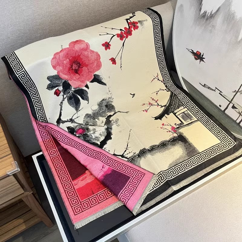 Chinese Aesthetic Ink Painting Shawl Autumn And Winter Warm Scarf