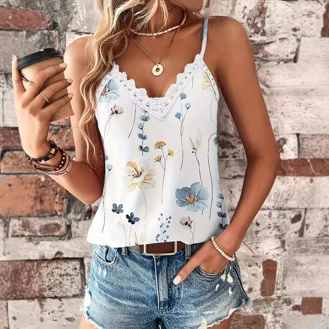Printed Lace V-neck Pullover Strap