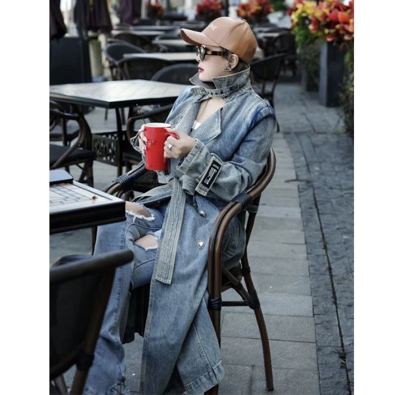 Retro Long Denim Trench Coat