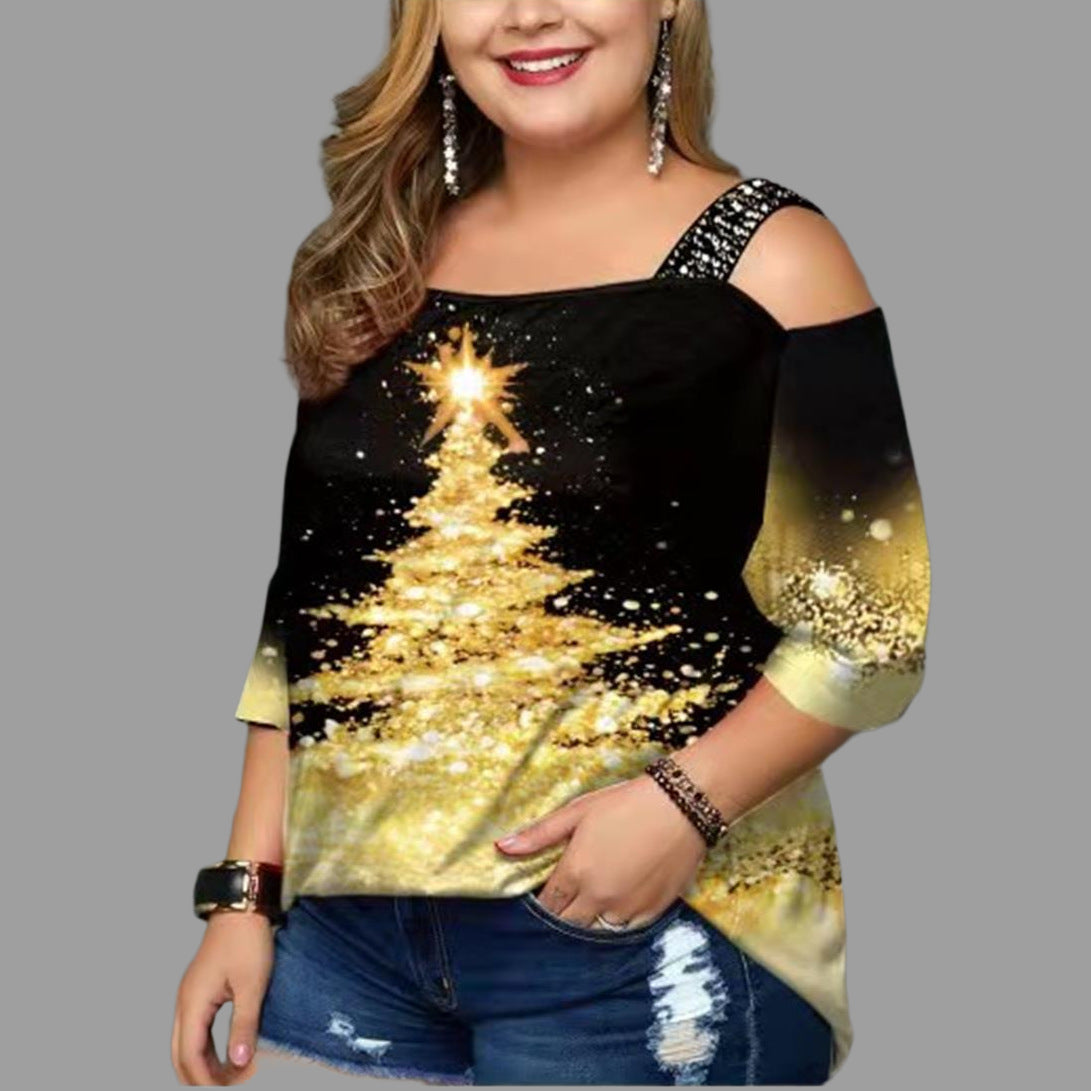 Christmas Tree Printed Off-shoulder T-shirt Top