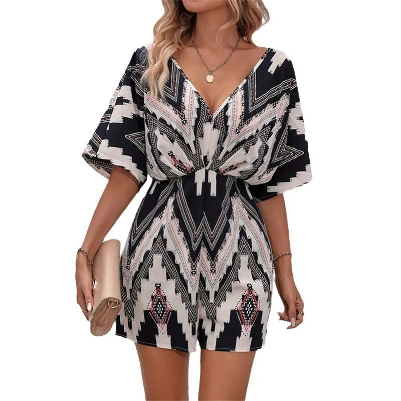 Printed V-neck One-piece Sleeve Loose Jumpsuit