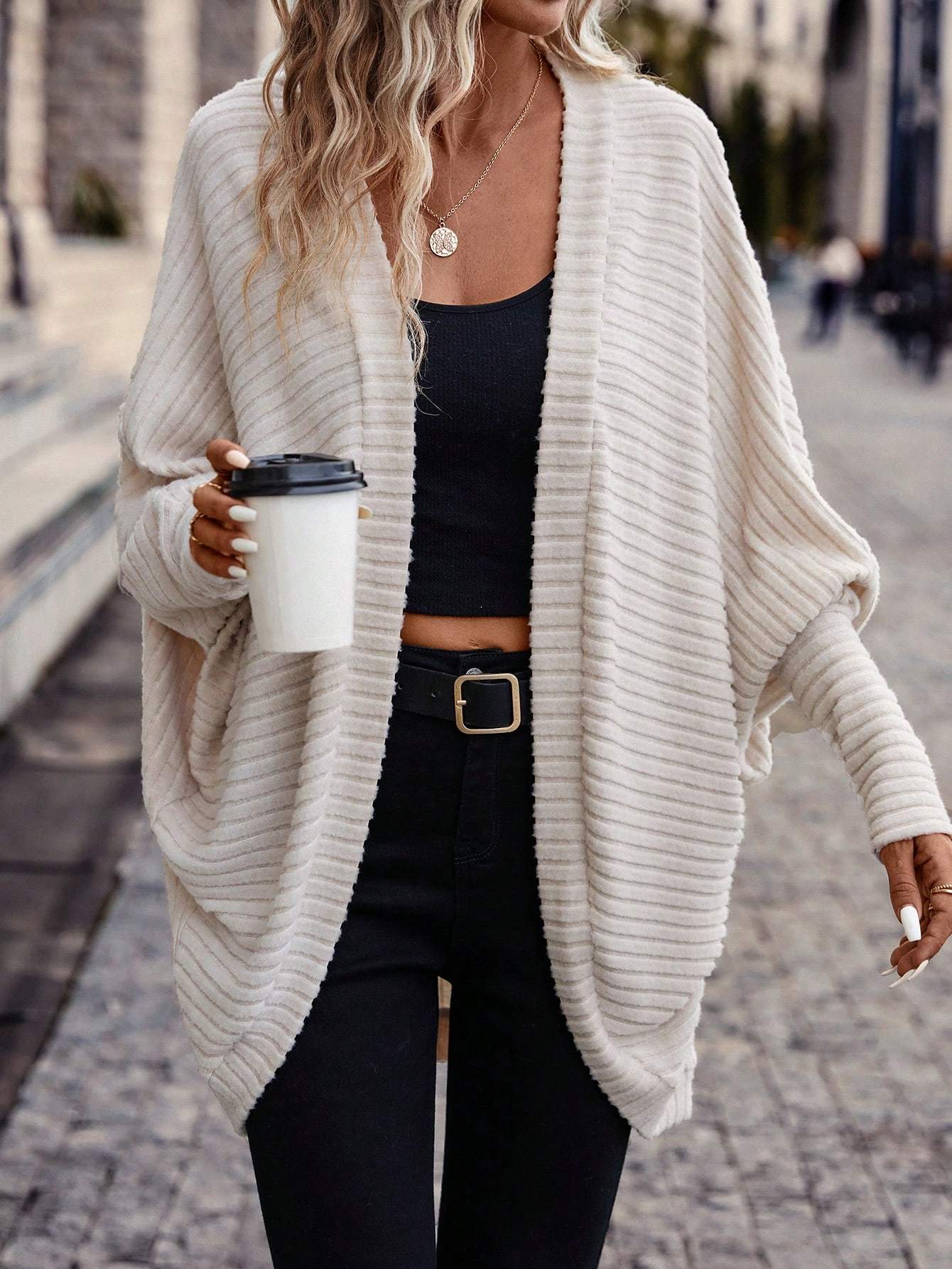 Batwing Sleeve Open Front Casual Cardigan-styled Jacket