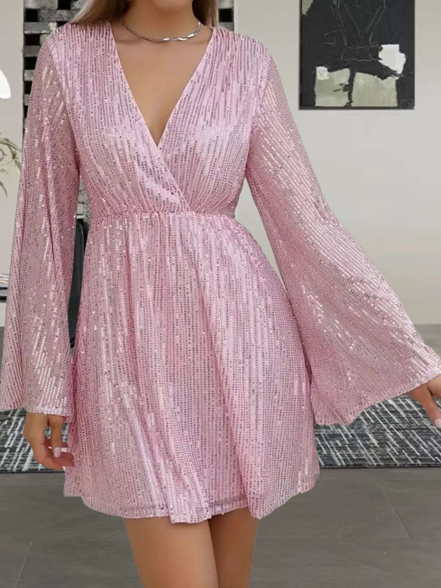 V-neck Sequin Waist Slimming Party Evening Dress