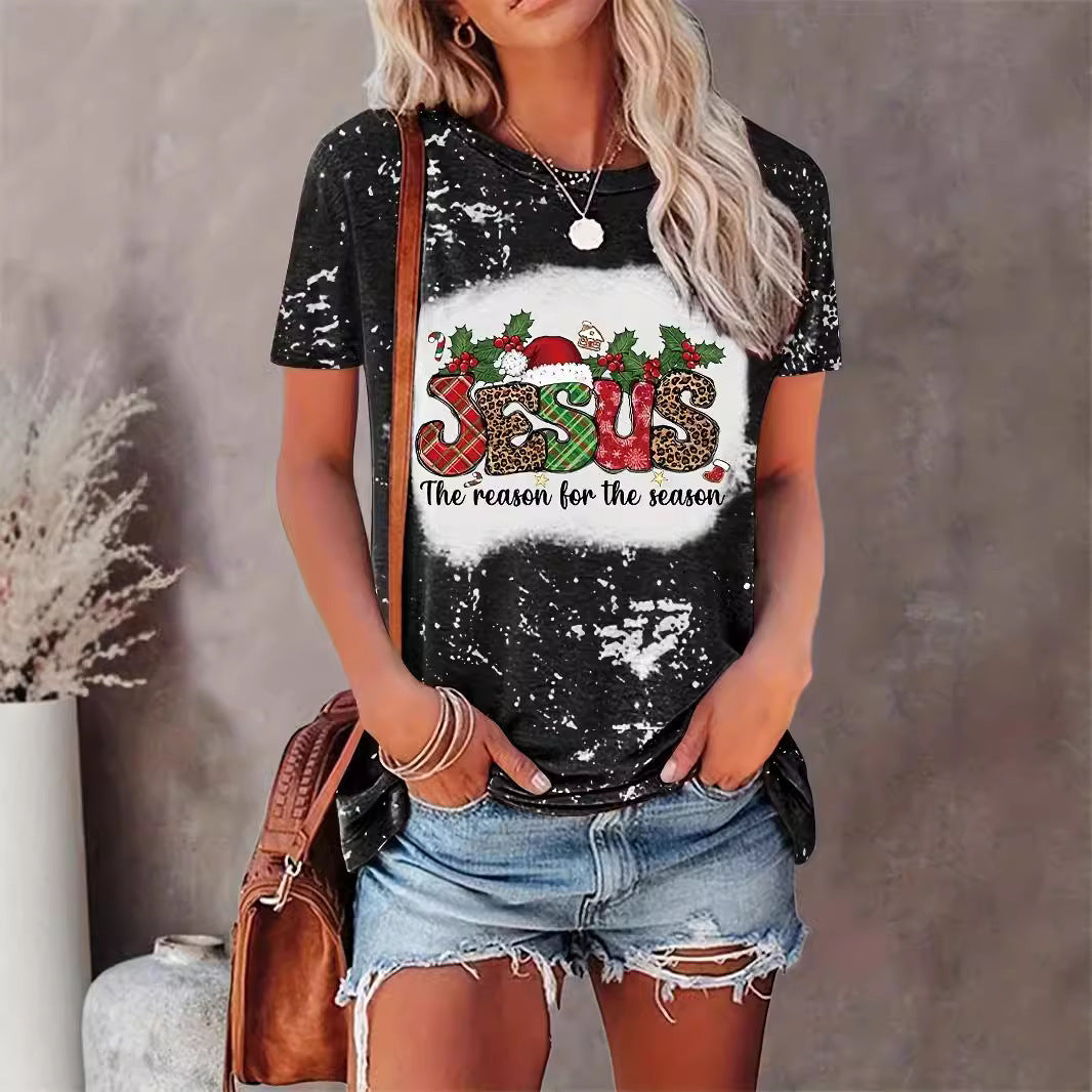 Jesus Print Christmas Round Neck T-shirt